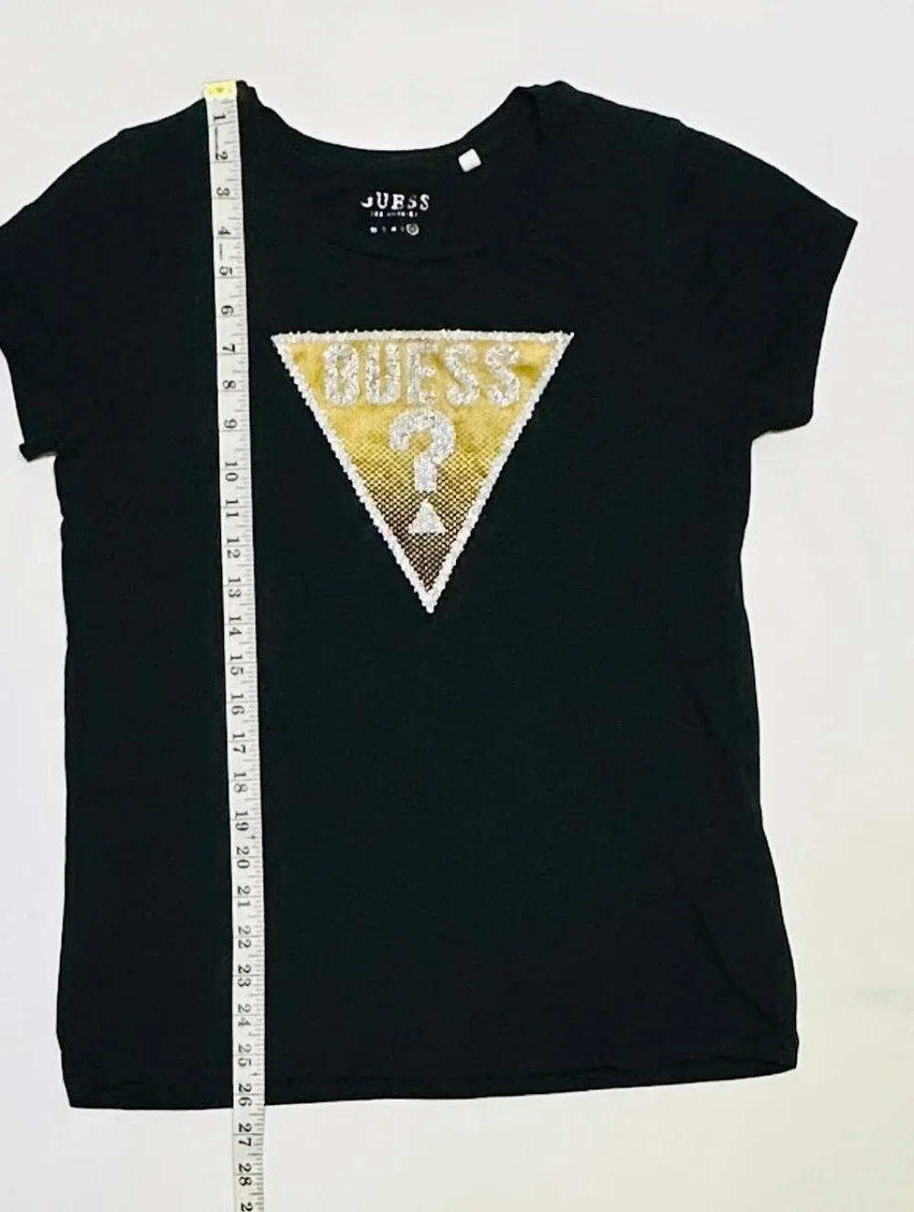 GUESS Black Tee with Gold Sequin Triangle Logo